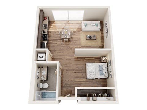 Floor plan for 1 bed, 1 bath, 593 sqft
